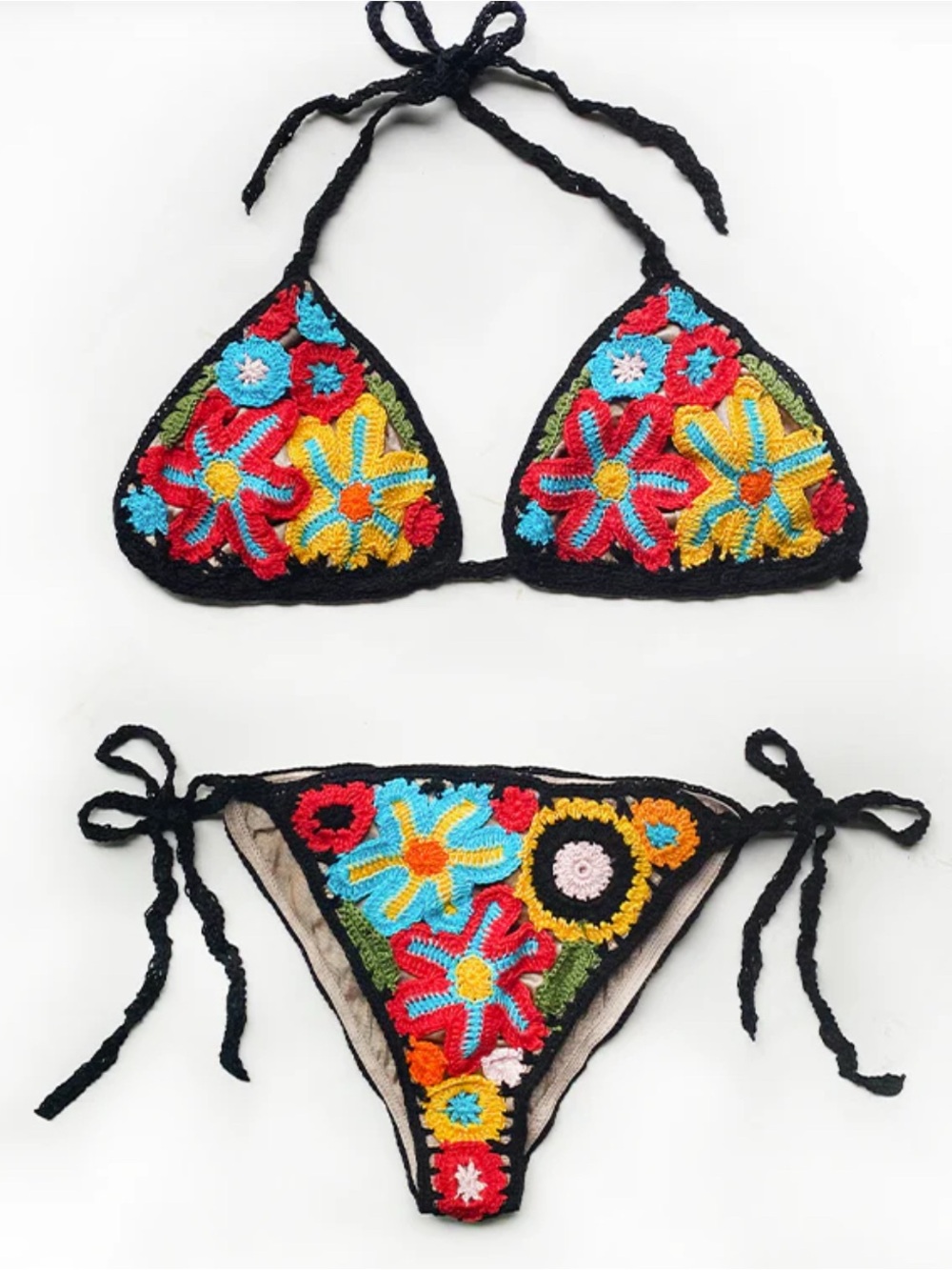 Anna Kosturova Crochet Bikini Set Floral Tie Side Boho Resort Swim Handmade